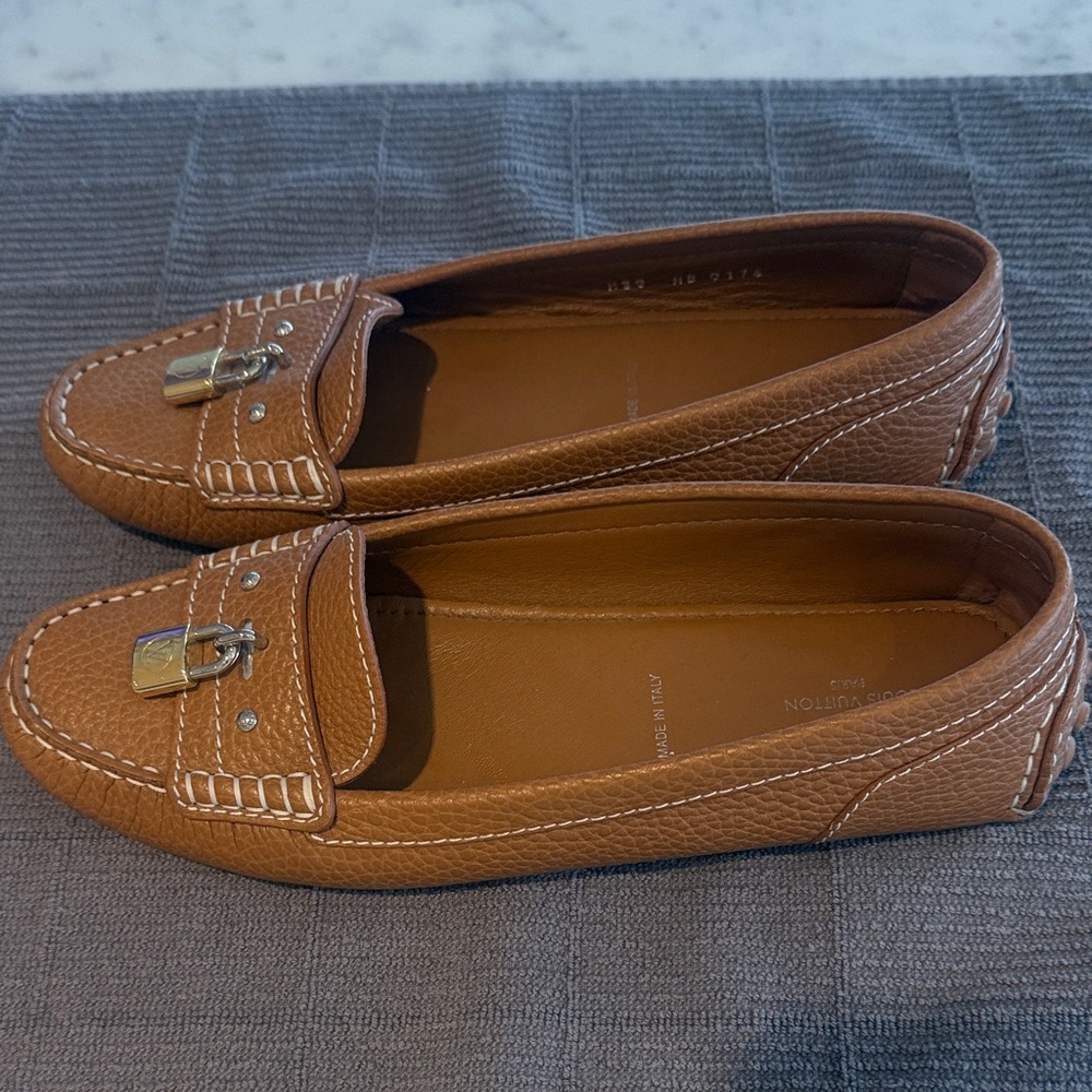 Louis Vuitton Tan Leather Loafers with Gold Lock Detail - Picture 2 of 5